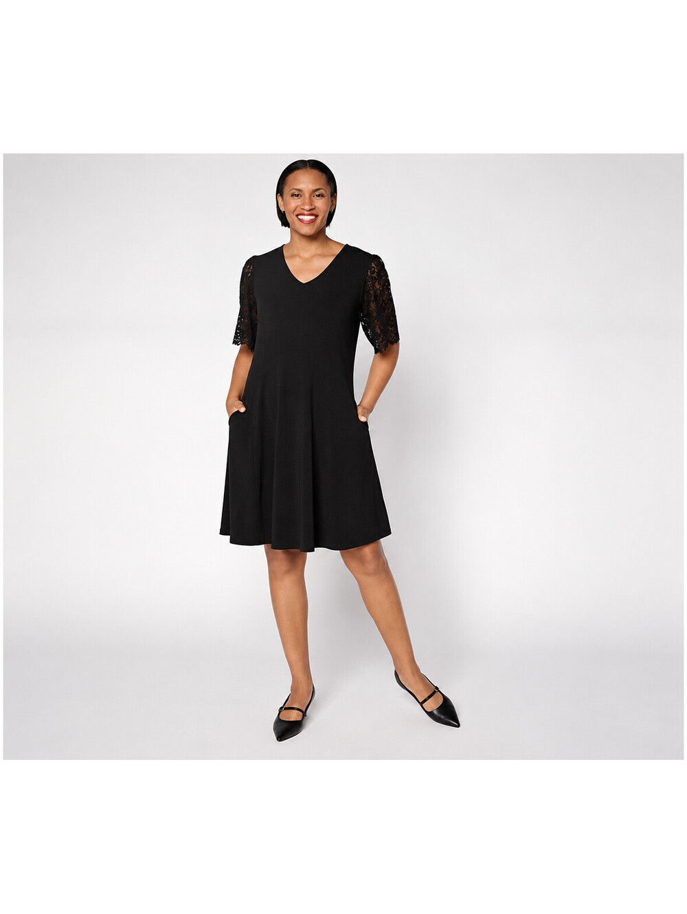 Susan Graver Liquid Knit V-Neck A-Line Dress w/ Lace Sleeves Black,Petite Medium